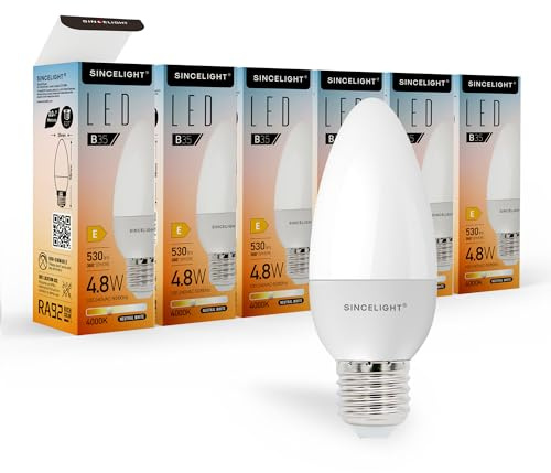 SINCELIGHT 5W LED-Glühbirnein Kerzenform mit E27-Sockel, B35 Milchigem Diffusor, Satte und Echte Farbe RA≈92, 500 Lumen, 50W Äquivalent, Neutralweiß 4000K, ES Edison-Sockel, 6er-Pack