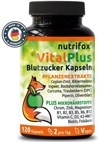 Nutrifox® - 120 Blutzucker Kapseln Vital Plus (Ceylon-Zimt, Chrom, Zink, OPC, Bittermelone, Bockshornkleesamen, Kurkuma, Ingwer, Vitamin B Komplex, usw.) 2 Monate, von Beratern für Diabetes