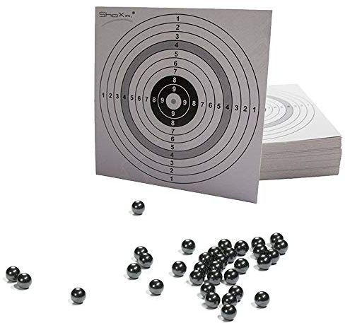 500 Stück Orig. Shoot-Club Marken- Schleudermunition Kaliber 10 mm Stahlkugeln Schleuder Munition für Katapult, Zwille inklusive 10 original ShoXx. Shoot-Club Zielscheiben 14x14cm - 10er Ring