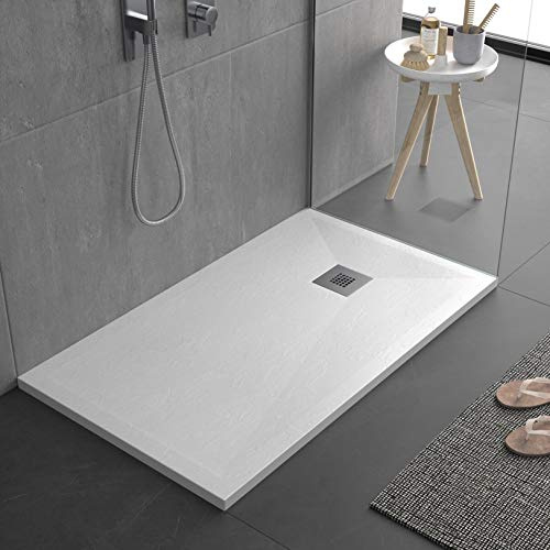 Piatto doccia bianco, in mineralmarmo con superficie ad effetto pietra ardesia, slim 3 cm, rivestito di Gelcoat, antiscivolo 120x80