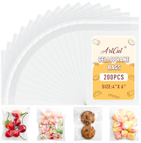Artcut 200 PCS Cellophane Bags, 4 X 6 Cookie Bags, Self Adhesive Clear Bag, Self Seal Bag for Snacks, Gifts, Jewellery