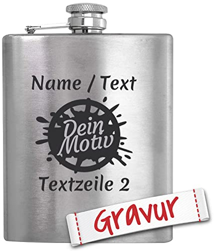 Edelstahl Flachmann mit Gravur, Text Name Motiv personalisiert, Geschenk für Männer, Trauzeugen, Jäger, Trauzeuge/Geschenkidee Geburtstag, Vatertag, Camping, Wandern Klettern, Hochzeit