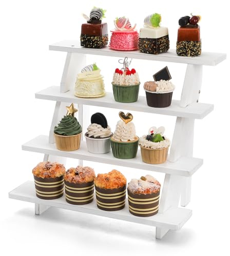 Hacaroa 4-Tier Wood Retail Stair Shelf Cupcake Stand, Whitewashed Rustic Display Riser, Farmhouse Ladder Planter Leaning Shelf for Home, Garden, and Retail Stores