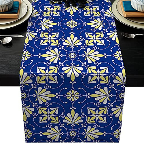 Banemi Herbstdeko Tischläufer, Bistro Tischdecke Blau Gelb Blume Bettwäsche aus Baumwolle 33X229cm Herbst Deko