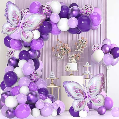 Geburtstagsdeko Lila Luftballons Schmetterling Happy Birthday, Vorhang Konfetti Herz Stern Folienballon Lila, Ballon Deko zum Geburtstag für Frauen Party