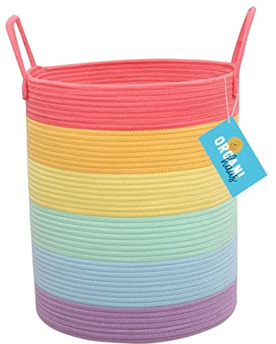 OrganiHaus Wäschekorb Kinderzimmer, Spielzeugkorb, Großer Geflochtener korb Mit Griff, Faltbar & Stabiler, Aufbewahrungskorb Kinder Für Decken, Spielzeug & Kleidung, Regenbogen Design - 38x45cm