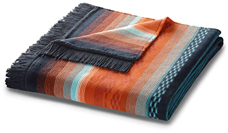 biederlack® weiche Kuschel-Decke 'Peru' aus Baumwollmischgewebe I Ethno Wohndecke in dunkelblau-orange I Made in Germany I Bunte Fransen-Decke in 150x200 cm I nachhaltig produziert I Öko-Tex