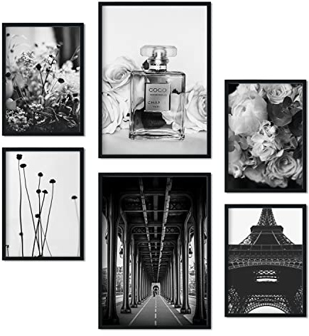 Nacnic | Set de 6 affiches murales : Paris & élégance | affiche decoration murale | Tour Eiffel, parfum, fleurs, architecture | Noir et blanc chic | A3 et A4 sans cadres | Tableau Decoration