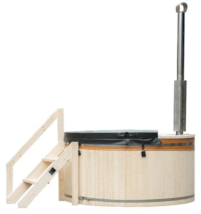 HOME DELUXE - Hot Tub SKANDI - Taglia M, diametro 180 cm, altezza esterna 100 cm, abete rosso nordico, con copertura, scale e stufa, vasca idromassaggio