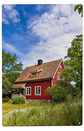 artboxONE Metall-Poster 20x30 cm Natur Gras, Bäume, Haus von Künstler Rico Ködder