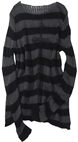 Wahuan Punk Gothic Langer Pullover Oversize Gestreifter Zerrissene Longpullover Strickpullover Jumper Tops Langarmshirt Oberteile Gestrickt Lose (Z1-Grey, One Size)