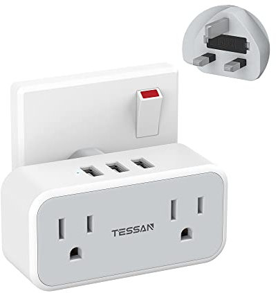 TESSAN US to UK Plug Adapter, American Plug Adapter USA to UK with 3 USB, American Travel Adaptor with 13A Fuse for America, Thailand, Canada, Japan, Mexico, Colombia (Type A and Type B)