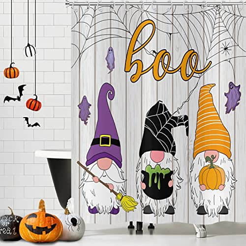 Hnmdmyi Rideau de Douche Halloween 120x180, Drôle de Nain fantôme Toile d'araignée sur Planche de Bois Rustique Ferme Rideau de Baignoire imperméable Tissu Polyester Lavable Rideau de Bain