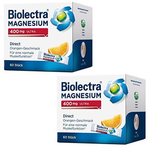 Biolectra Magnesium 400 mg Direct Sticks Orange, 2 x 60 Stück: Für eine normale Muskelfunktion bei erhöhtem Bedarf, Magnesium Direkt-Sticks, hochdosiert