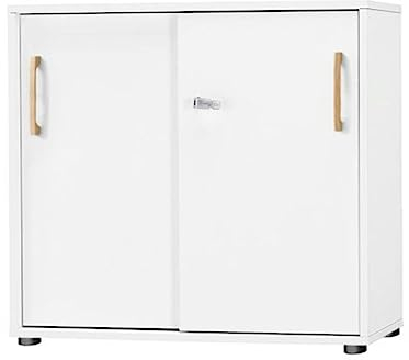Aktenschrank abschließbar, 80cm breit, Schiebetürenschrank weiß, Mehrzweckschrank mit Griffen, Allzweckschrank, Haushaltsschrank, Büroschrank,Schrank aus Holz,Flurschrank Sideboard mit Holzfüßen
