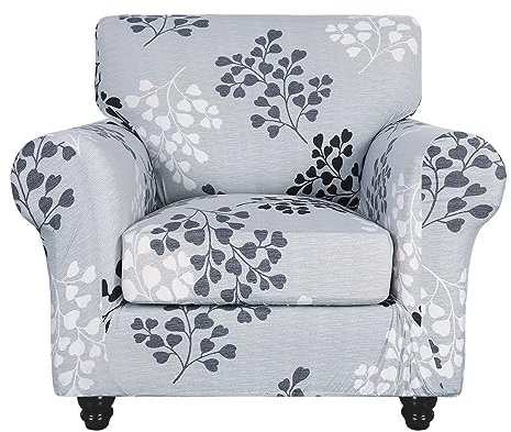 SearchI Stretch Sofa Cover Printed Couch Covers, Floral Pattern 2 Piece Armchair Slipcover with Separate Chair Cushion Cover, Washable Furniture Protector for Living Room(Armchair,Leaf Pattern)