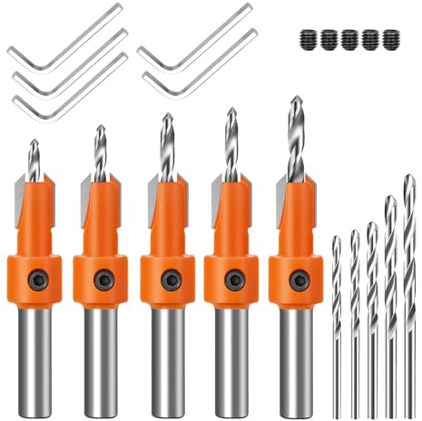 Jasfyee 5Pcs Countersink Drill Bit, 8mm Countersink Drill Bit Set With 5-Piece Quick-Change Drill Bits, 5-Piece Hexagonal Wrench For Precision Woodworking, Wood Drilling