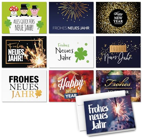 10 Neujahrskarten Grußkarten 2025 Neujahr Silvester - Klappkarten mit Umschlägen - Neujahrsgrüße Mix Set 10 Motive