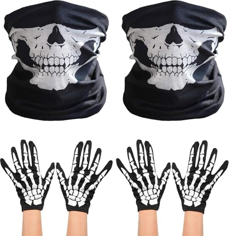 EUPSIIU 6 Pièces Gant Squelette et Masque Squelette, Masque Tête de Mort Demi-Visage, Masque Squelette Halloween, Squelette Gants Accessoires de Fête Pour Motos, Randonnée, Carnaval, Cosplay (Noir)
