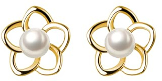 Reffeer Pendientes de vástago en plata de ley 925 maciza con pequeña flor de perla para mujer y niña - Pendientes delicados únicos, Plata de ley, Sin piedra preciosa