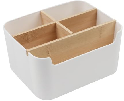 YIWONFU Rangement Bureau Organisateur en Bambou, Organisateur de Bureau Multifonctionel Boîte avec 5 Compartiments Amovibles pour Stylos, Notes Autocollantes, Ciseaux (Blanc)