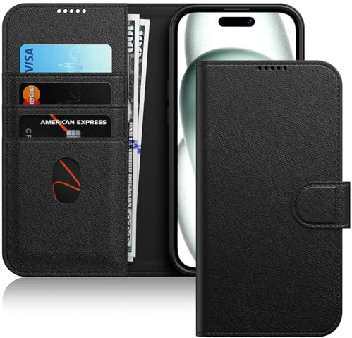 JETech Wallet Hülle für iPhone 15, Schwarz | Stoßfestes PU-Leder, Kartenhalter, Magnetischer Flip-Deckel, Ständerfunktion, Kameraschutz