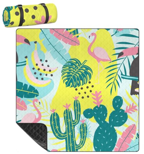 Mularoka Flamingo-Kaktusblätter, Picknickdecke, wasserdicht, sanddicht, faltbar, Stranddecke, 200,7 x 200,7 cm, extra groß, tragbar, waschbar, Outdoor-Matte für Camping, Park, Gras, Wandern, Reisen