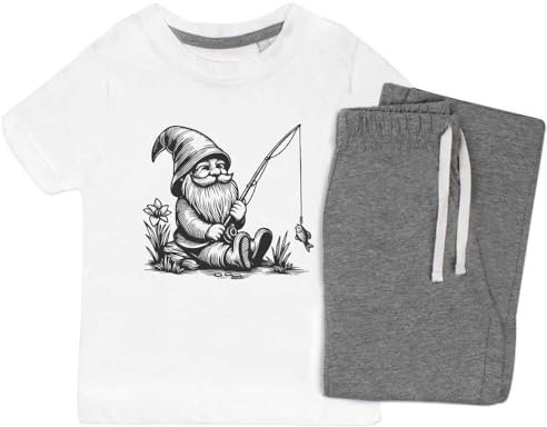 Azeeda 'Garden Gnome With Fishing Rod' Kids Cotton Pyjama Set – Comfortable Children's Nightwear, Sleepwear and Loungewear - Unisex for Boys and Girls - Grey, 3-4 Years (KP00154853)