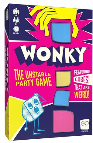 Wonky: The Unstable Party Game, An Abstract Strategy and Dexterity Wooden Block Stacking Game for All Ages, Tower Balancing Game, 9 Colorful Wooden Cubes,1+ Players, Ages 8 & Up, 20+ minute Play Time
