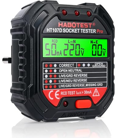Weinsamkeit Tester per Prese con Test RCD e Spie Luminose, 6 Tipi di Diagnosi di Guasto, Tester Prese Elettriche con Indicazione di Tensione e Corrente di Dispersione, 48-250V/45-65Hz, CAT II 300V