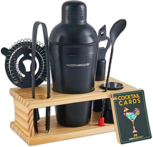 8-teiliges Cocktail-Set - Edelstahl-Shaker, Messbecher, Sieb, Rührlöffel, Zange, Flaschenöffner, Holzständer & Rezeptkarten Partys und Feiertage (Mattschwarz - Holzfarbe)