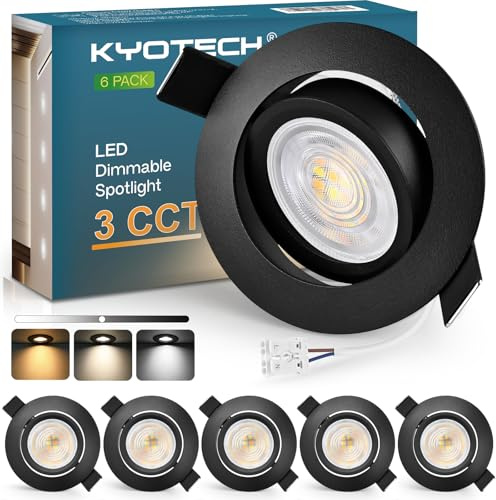 KYOTECH LED Einbaustrahler Dimmbar 230V IP44 3CCT Einbauspots 68-75mm | 5W 550LM Deckenspots 45° Schwenkbar Einbauleuchten 3000K/4000K/6500K LED Spot Ultra Flach für Badezimmer 6er Schwarz