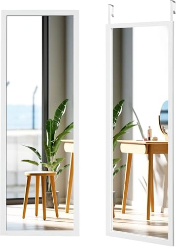 FANTASK Wandspiegel,Türspiegel mit höhenverstellbaren Hängehaken,Hängespiegel 120x37cm, Ganzkörperspiegel, Spiegel, Weiß