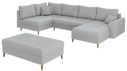 S-Style Möbel Set Ecksofa Hocker Eckcouch Sofa Couch Mit Kissen Schlaffunktion Sitzhocker 6 Sitzer U Form 2 Stück Rechts Massivholzfüße Braun Freistehend Cord Stoff Milo Hellgrau