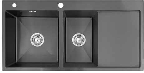 Omeere, 100 x 50 x 21, fregadero de cocina, acero inoxidable 304, 0,8 mm, cuadrado, 2 cuencas, rebosadero, escurridor, negro