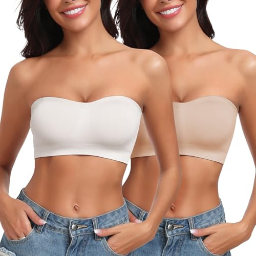 LEYSHE Bandeau BH axelbandslös bh utan bygel sömlös tub topp bh vadderad bandeau topp med transparenta remmar, Vit och beige 2-pack, L