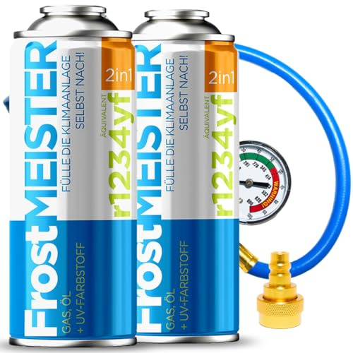 FrostMEISTER 2in1 – Auto-Klimaanlagen-Nachfüllset (2X 400 ml Dose + Schlauch mit Manometer & Adapter) – Für R1234yf (ab Baujahr 2017), schnelle, einfache & umweltfreundliche Anwendung