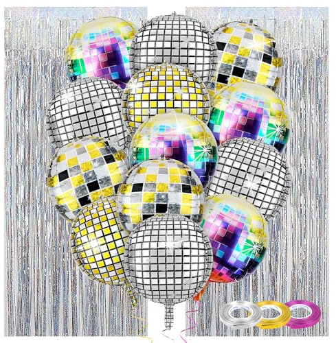 Dreamtop 18 Pcs Disco Balloons, 22 4D Helium Disco Ball Balloons, 3.28ft x 6.56ft Silver Tinsel Foil Curtains for Birthdays, Bachelor Parties, Disco Party for Adult Women men