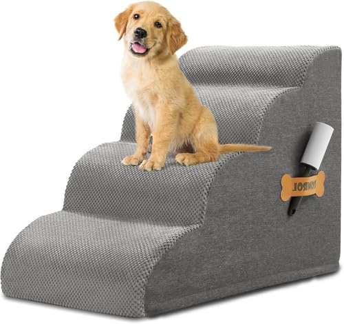 ROMROL Hundetreppe 4 Stufen – rutschfeste Haustiertreppe für kleine Hunde & Katzen – Waschbarer Bezug, Hochdichter Memory-Schaum – Weiche Einstiegshilfe für Sofa & Bett – Gelenkschonend, Grau