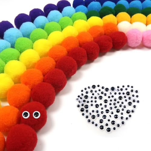 TOAOB 300 Stück Pompon 20 mm Bunte Pompons zum Basteln Flauschigen | mit Selbstklebend Wackelaugen, Bälle Kunst Bommel für Dekorieren, Verzieren Nähen DIY Lustige Kreativen Handwerk