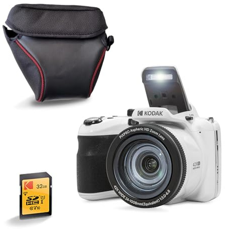KODAK Pixpro AZ425 20 MP Bridge-kamera med 42x optisk zoom + skyddsfodral + 32 GB SD-kort - Full HD-video 1080p, 24 mm vidvinkel, stabilisator, 3 LCD-skärm - vit