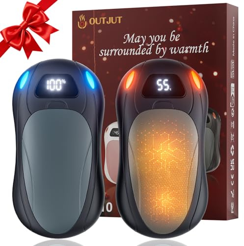 OUTJUT Elektrischer Handwärmer 2er-Pack, 12000 mAh Wiederaufladbarer Handwärmer mit Magnetischer Doppelseitiger Heizung und digitaler Temperatur- und Batteriestandsanzeige für Outdoor/Camping,Grau