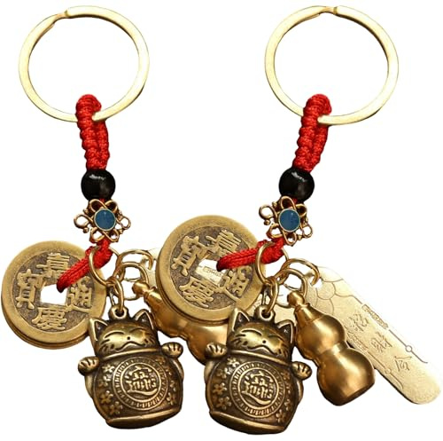Amazleer 2 Stück Maneki Neko Glückskatzen Schlüsselanhänger, Feng Shui Glücksbringer mit Münzen, Glücksbringer Zum Aufhängen Chinesischer Glücksgeld12,5 cm