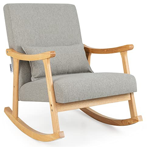 RELAX4LIFE gepolsterter Schaukelstuhl, Schaukelsessel mit Armlehnen, Loungesessel mit Rückenlehne & Sitzkissen, Schwingsessel aus Holz für Wohnzimmer Schlafzimmer, bis 150kg belastbar (Grau)