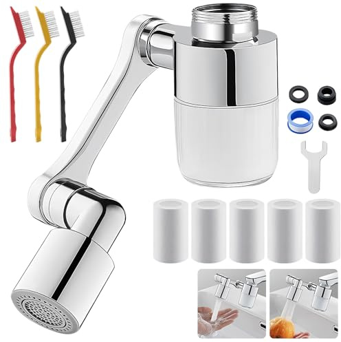 Noosverl Embout de robinet rotatif à 1080° avec aérateur réglable, filtre universel, rallonge de robinet pivotant avec 5 cartouches filtrantes interchangeables, brosse de nettoyage pour cuisine et