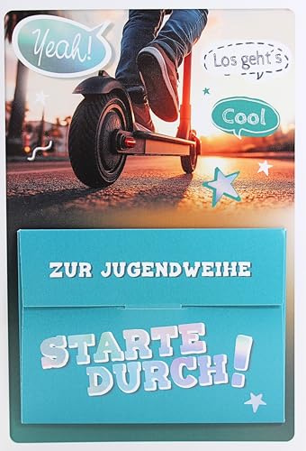Kurt Eulzer Jugendweihe Karte mit Geldfach Starte durch moderne Glückwunschkarte mit E Scooter Motiv coole Karte zur Jugendweihe für Jungen und Mädchen inkl. Umschlag Geldgeschenk