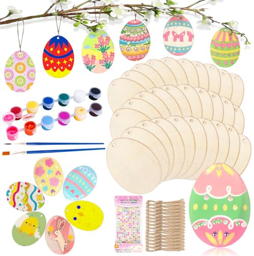 135 Pcs Ostern Basteln Kinder Osterdeko Holz Holzanhänger Ostern Anhänger Holz Ornamente Unvollendete OsterN Basteln DIY Anhänger Osterdeko BastelN mit Ostereier Strass Zwirnen Selbstklebend Frühling