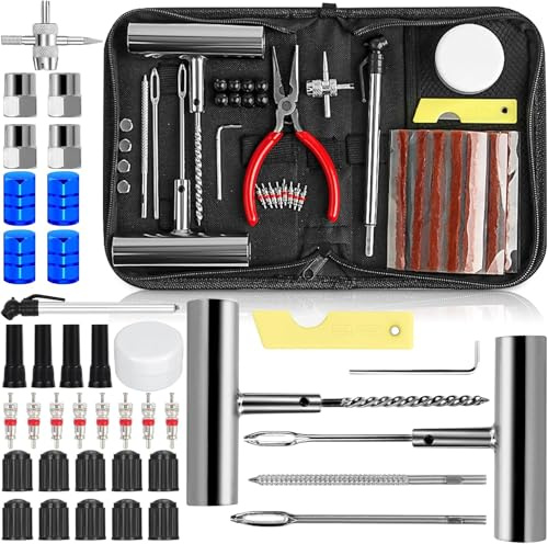 NCKIHRKK Kit Antipinchazos Coche, 82 Piezas Kit Reparación de Neumáticos, con 20 Mecha Pinchazos, 1 Manómetro Presión, Kit Repara Pinchazos Coche per Coche Moto Tractores Camiones MTB