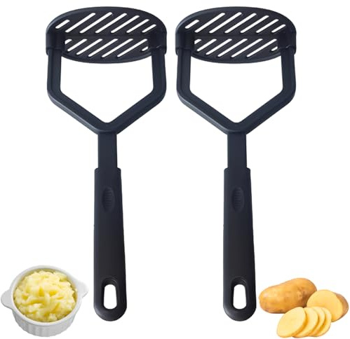 2 Pcs Potatoes Masher, Potato Mashers with Non Slip Handle, Mash Potato Masheres for Non Stick Pans,Black Potatoe Masher Large Round Press Plate for Cooking Use