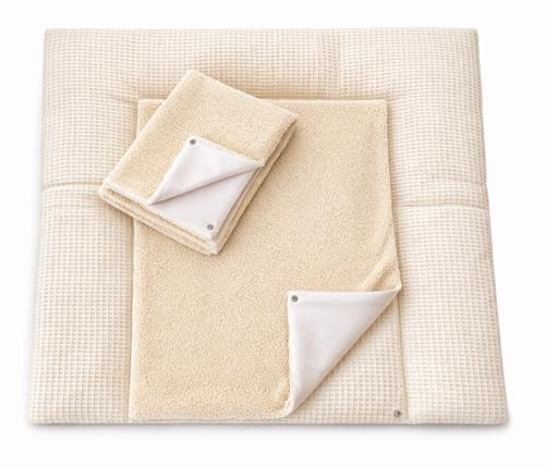 Wickelauflage Set 3-teilig – Wickelunterlage aus Waffelstoff mit Druckknöpfen – Baby Wickelauflage mit 2 Frottee Overlays – Wickeltischauflage –75X75cm (Breite x Tiefe), Hellbeige